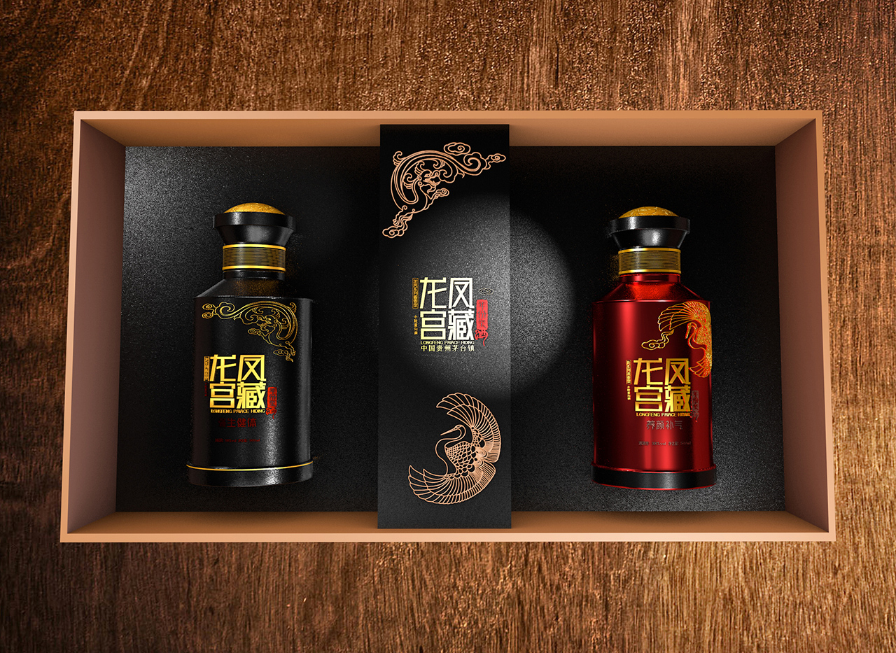 一套家庭送礼“龙凤宫藏酒”双酒整体包装设计